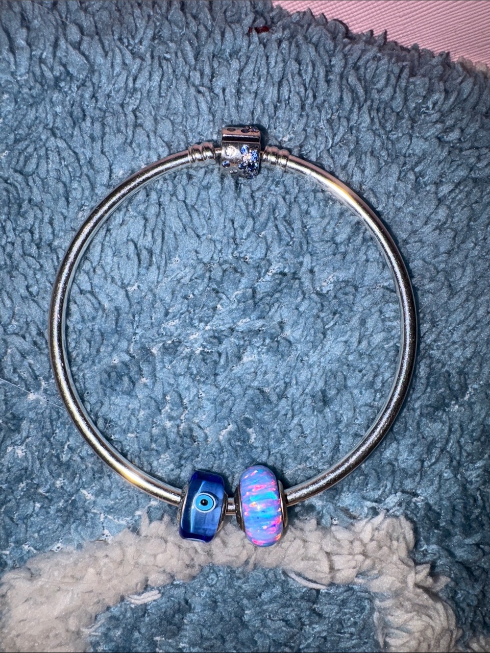 Silver Pandora Bangle Bracelet with Blue Evil Eye and Pink-Blue Opal Charm